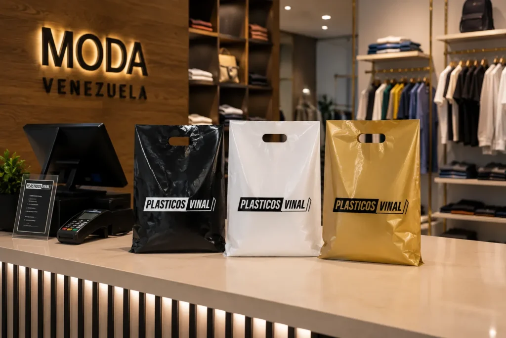 bolsa boutique plástica blanca con logo personalizado